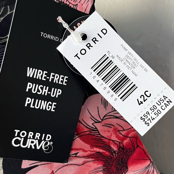 NWT Torrid wire free push up plunge bra skull and roses pattern 42C - Picture 7 of 8